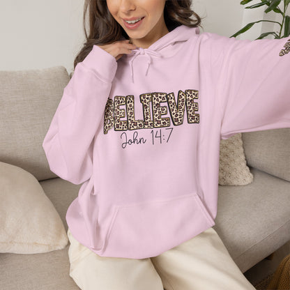 Believe Leopard Print Hoodie — John 14:7 Christian Faith Pullover