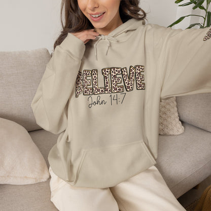 Believe Leopard Print Hoodie — John 14:7 Christian Faith Pullover