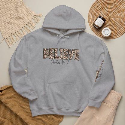 Believe Leopard Print Hoodie — John 14:7 Christian Faith Pullover