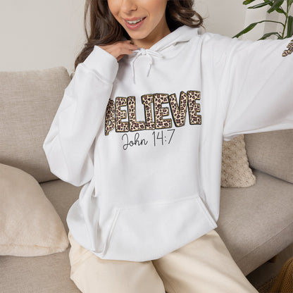Believe Leopard Print Hoodie — John 14:7 Christian Faith Pullover
