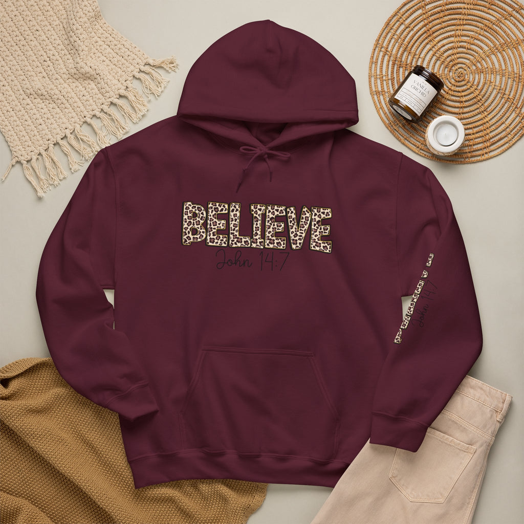 Believe Leopard Print Hoodie — John 14:7 Christian Faith Pullover
