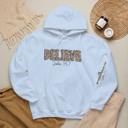 Believe Leopard Print Hoodie — John 14:7 Christian Faith Pullover