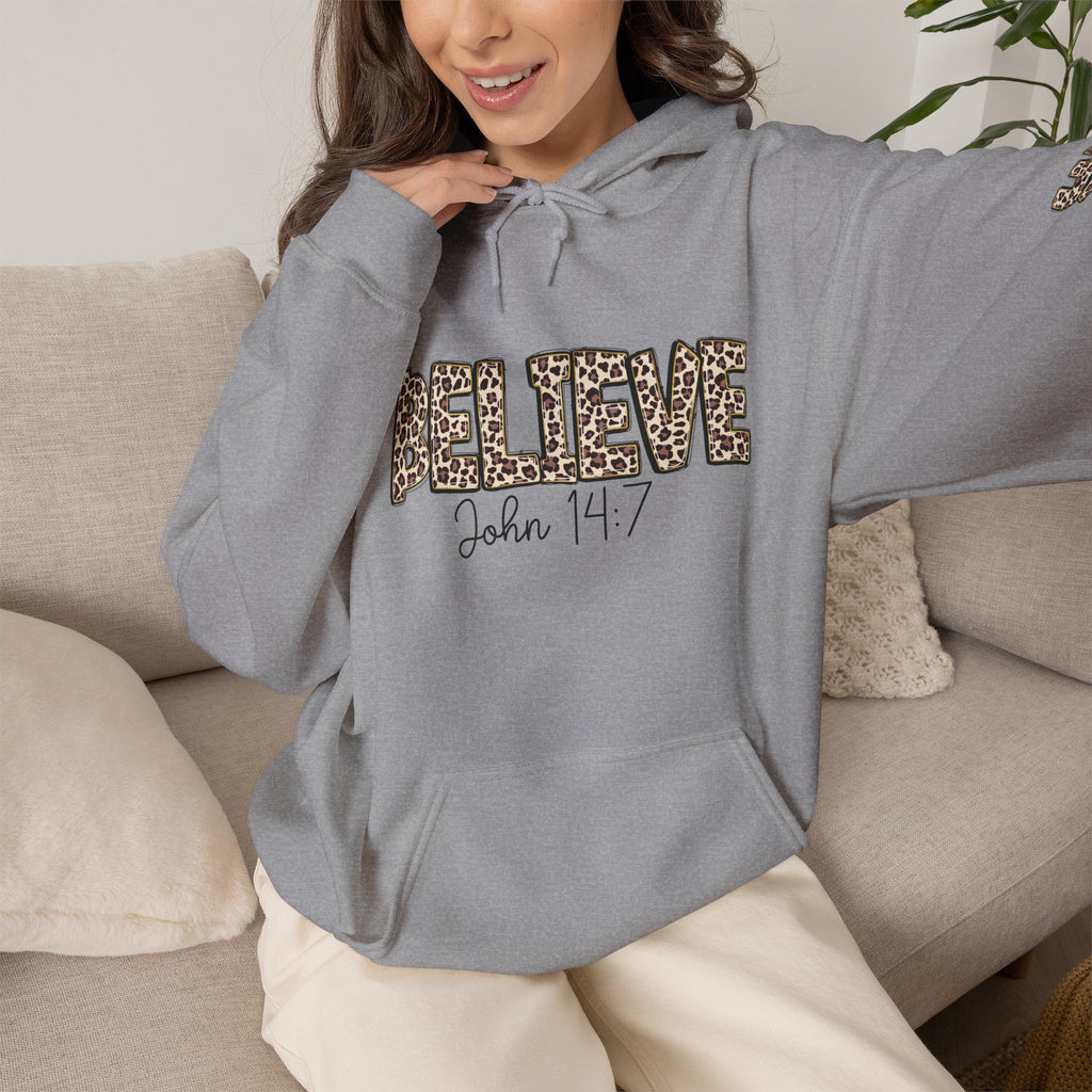 Believe Leopard Print Hoodie — John 14:7 Christian Faith Pullover