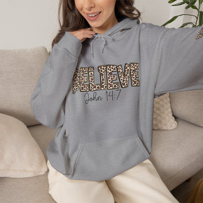 Believe Leopard Print Hoodie — John 14:7 Christian Faith Pullover