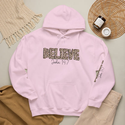 Believe Leopard Print Hoodie — John 14:7 Christian Faith Pullover