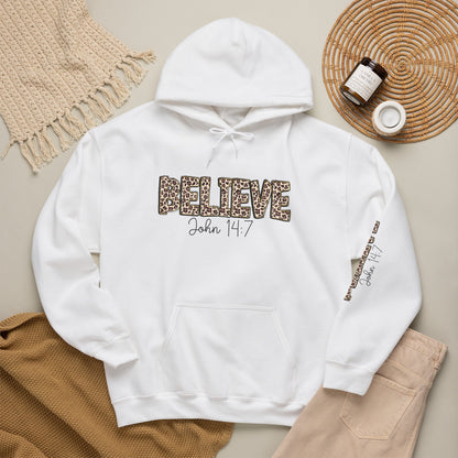 Believe Leopard Print Hoodie — John 14:7 Christian Faith Pullover